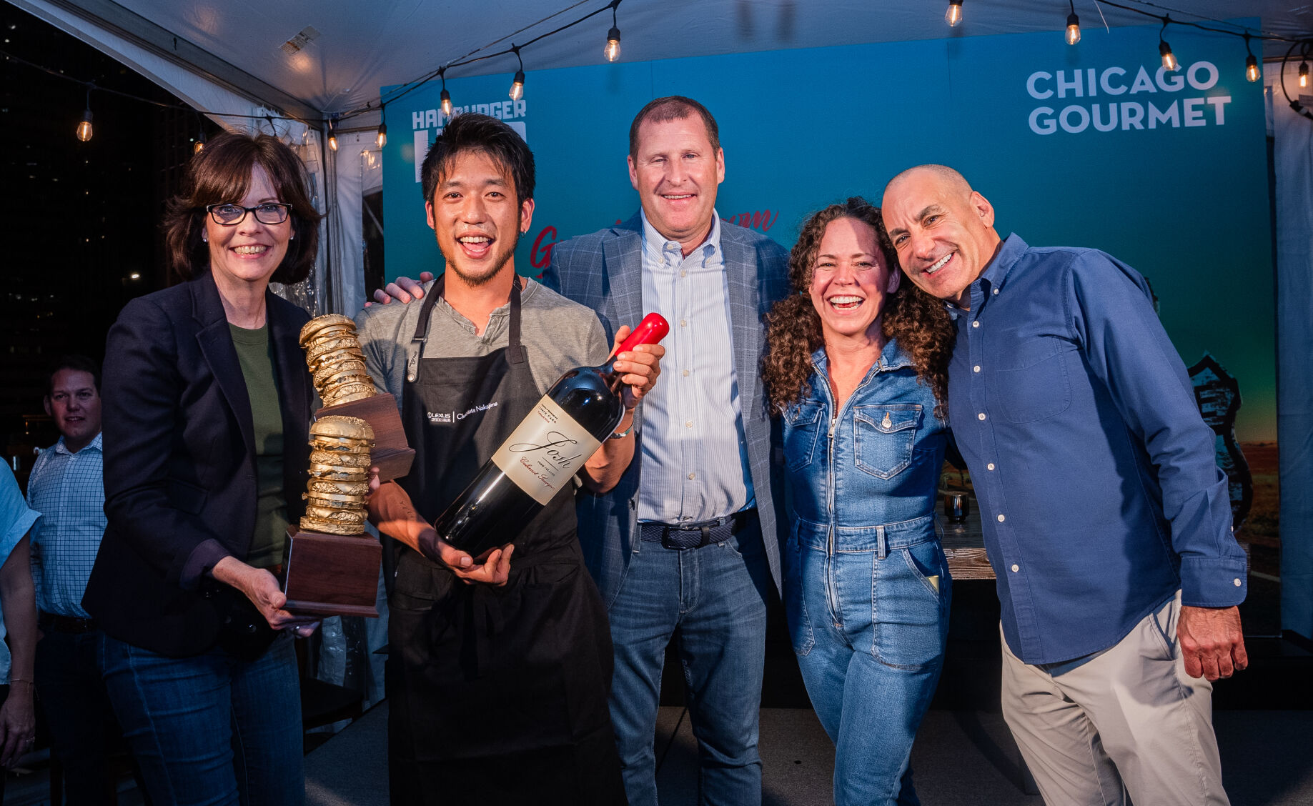 Mary Kay Bonoma, double winner Chef Shota Nakajima, Dan Keller, host/Chef Stephanie Izard and Sam Toia, President of Illinois Restaurant Association. (Photo courtesy of Chicago Gourmet)